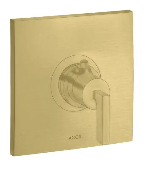 Unterputz-Thermostat mit Hebelgriff in gebürstetem Messing von AXOR. Rechteckige Platte mit rundem Bedienelement in der Mitte und seitlichem Hebel.